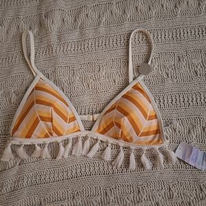 Woman's Forever 21 Yellow and White Striped Tassel Bikini Top Size Large